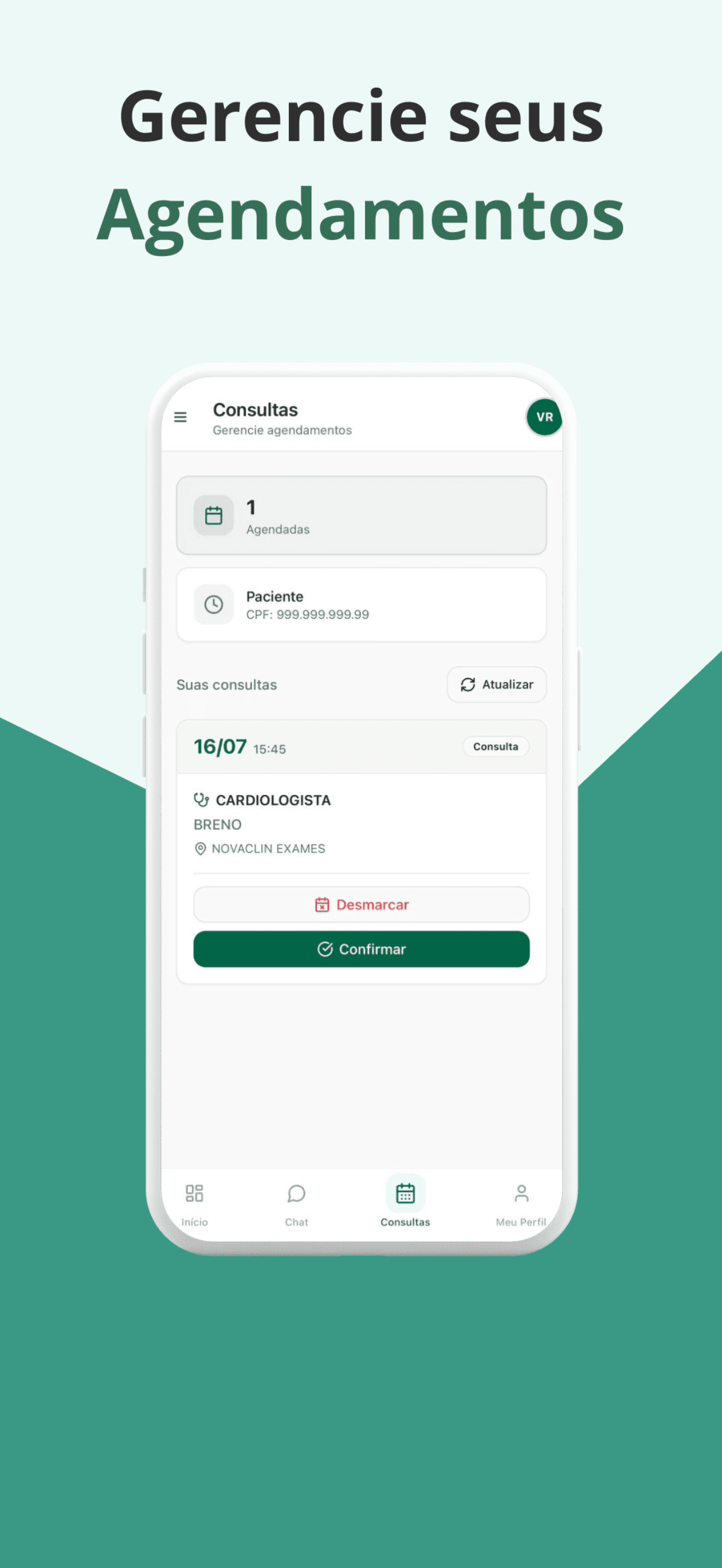 Tela de gerenciamento de consultas da NovaClin